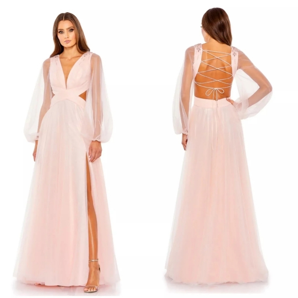 MAC DUGGAL TULLE SHEER LONG SLEEVE CUT OUT LACE UP A LINE GOWN BLUSH SZ 2 70174